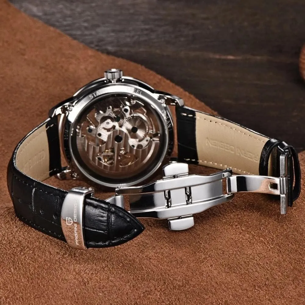 Automatic Mens Watches Skeleton Mechanical Wrist Watch Waterproof Genuine Leather Watchband Luxury Self-Winding Stainless Steel Analog Watch for Men Collection PAGANI DESIGN