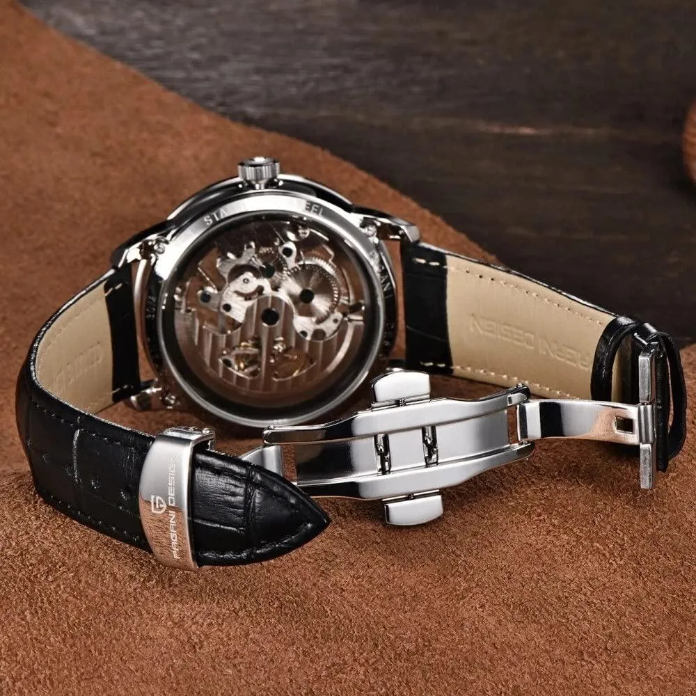 Automatic Mens Watches Skeleton Mechanical Wrist Watch Waterproof Genuine Leather Watchband Luxury Self-Winding Stainless Steel Analog Watch for Men Collection PAGANI DESIGN