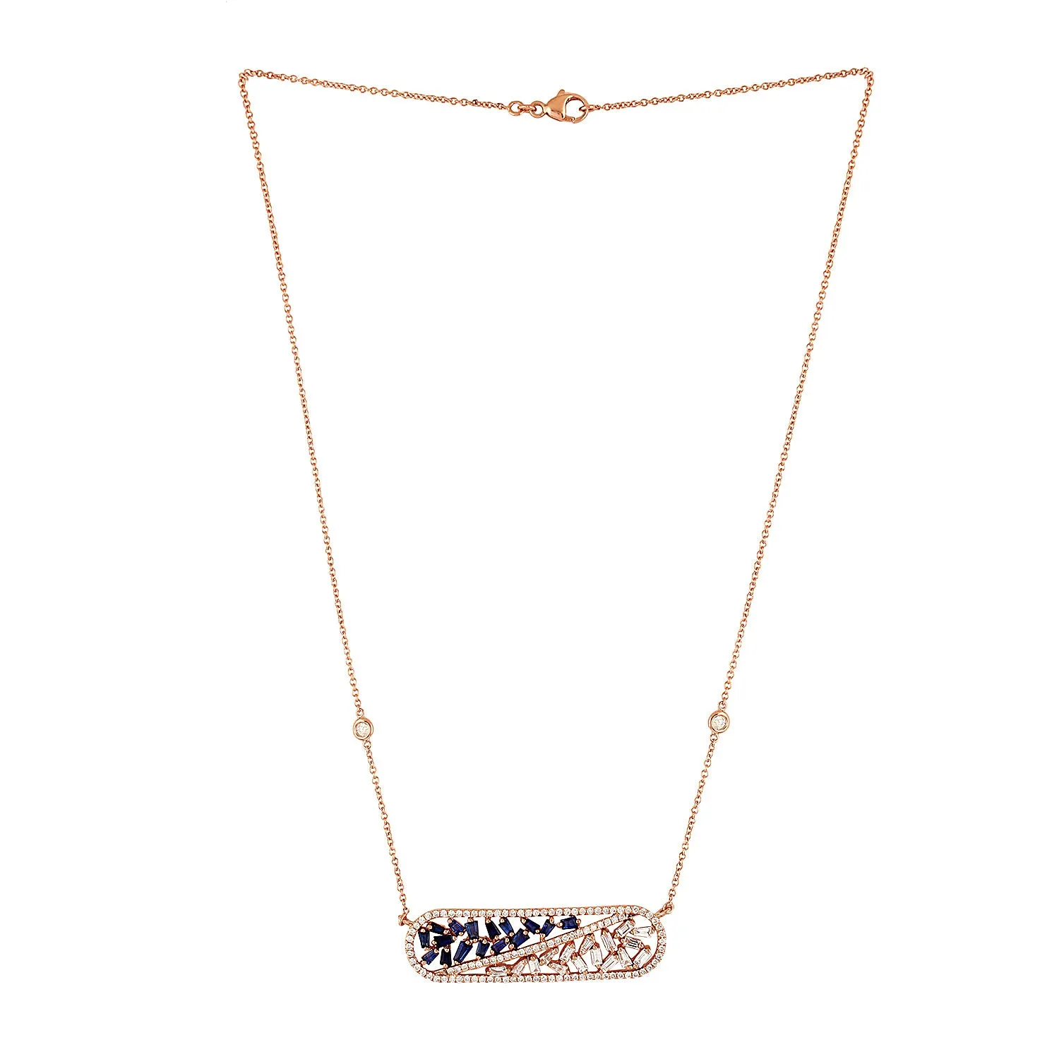 Baguette Blue Sapphire Prong Diamond In 18k Rose Gold Princess Necklace On Sale