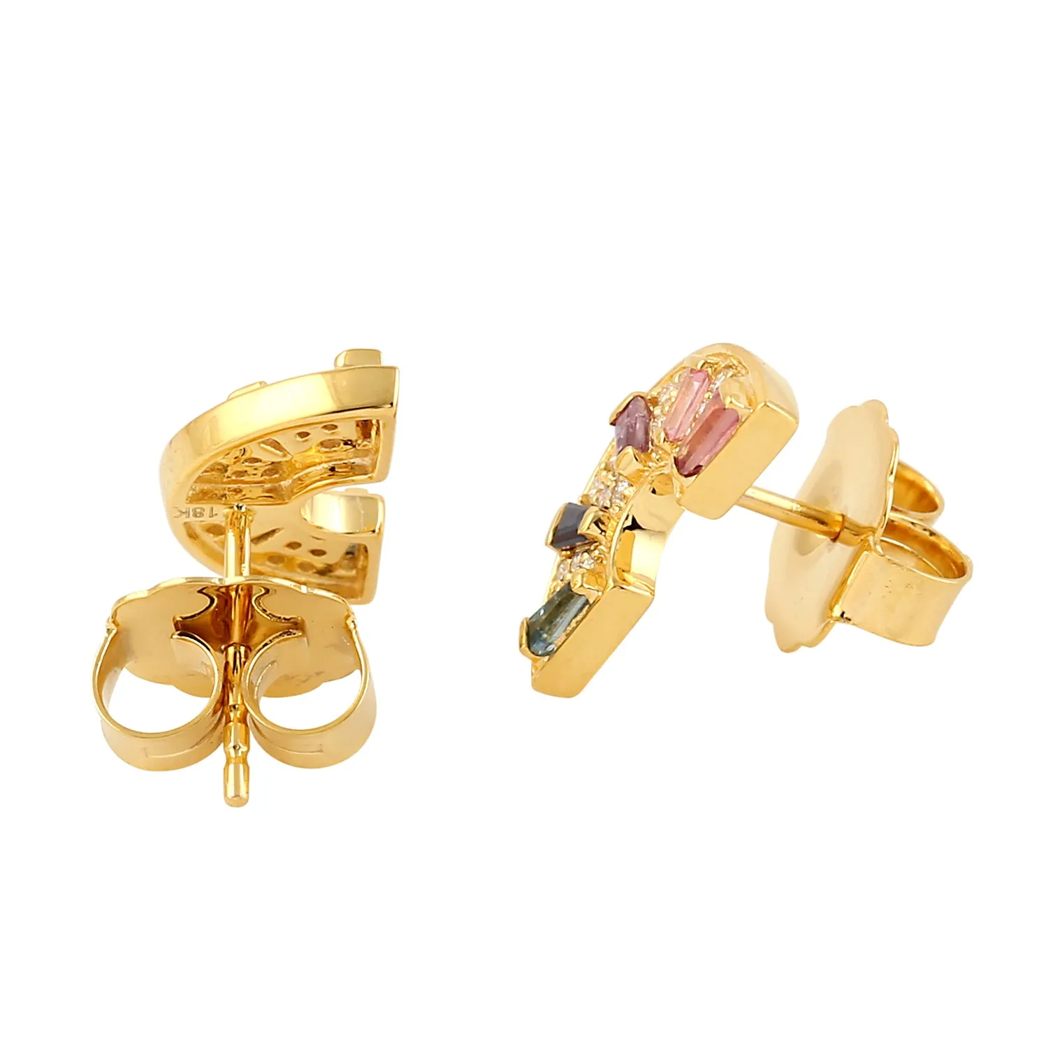 Baguette Sapphire Topaz Rhodolite & Diamond Half Moon Stud Earrings In 18k Yellow Gold.