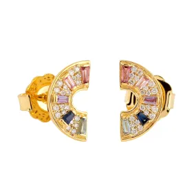 Baguette Sapphire Topaz Rhodolite & Diamond Half Moon Stud Earrings In 18k Yellow Gold.