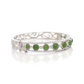 Baikalla "Art deco" Sterling Silver Round Nephrite Jade Hinge Bracelet With Fashion Zircon Accents