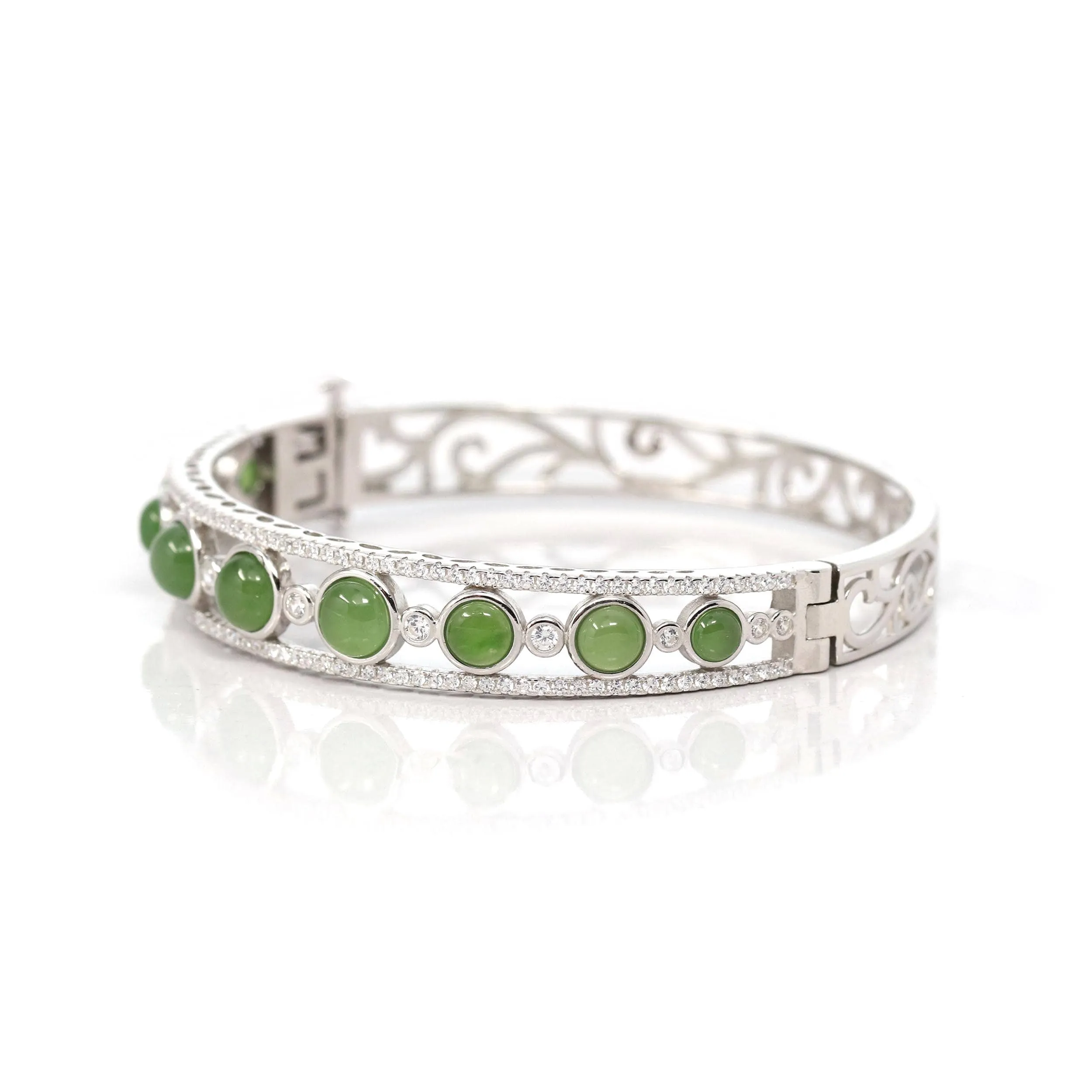 Baikalla "Art deco" Sterling Silver Round Nephrite Jade Hinge Bracelet With Fashion Zircon Accents