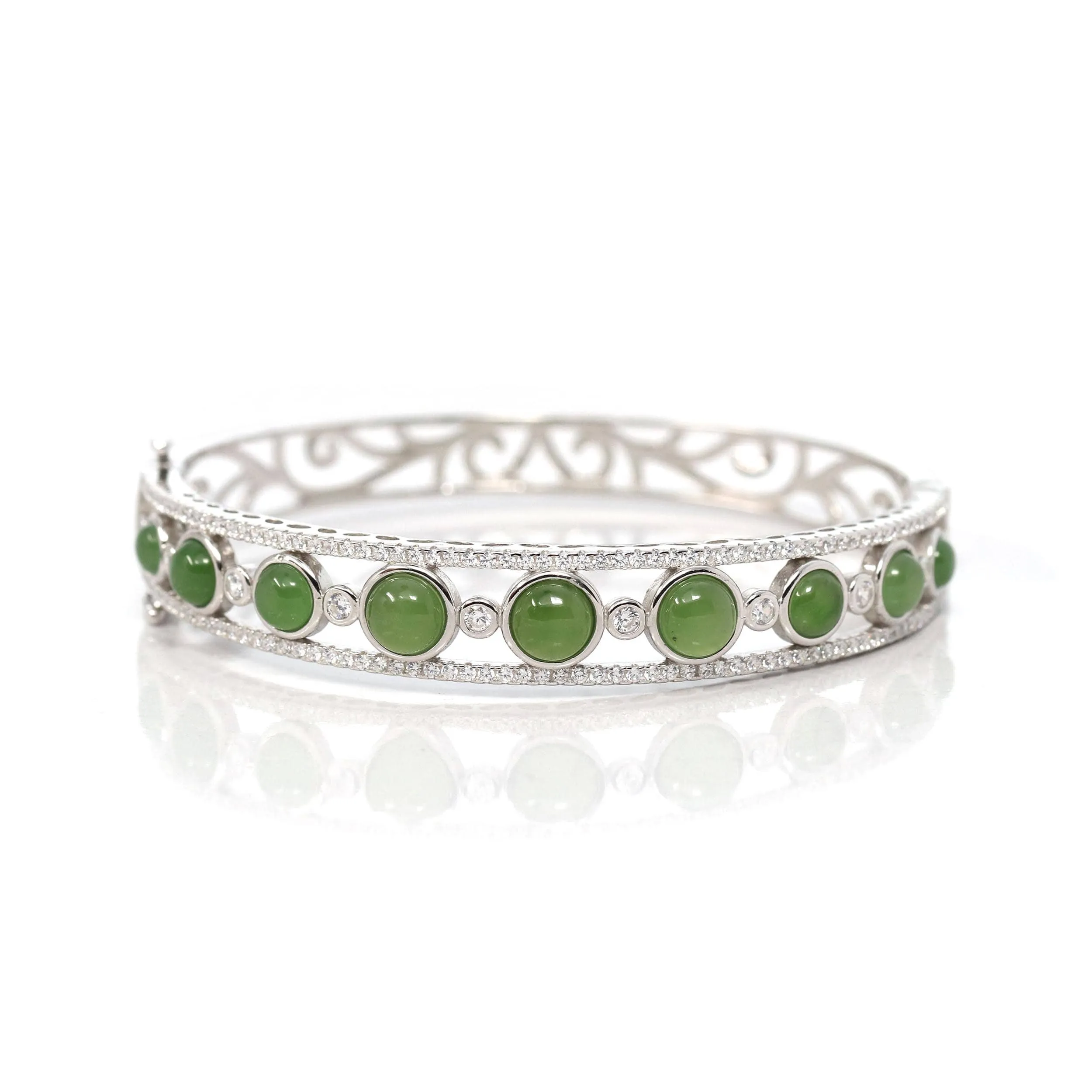 Baikalla "Art deco" Sterling Silver Round Nephrite Jade Hinge Bracelet With Fashion Zircon Accents