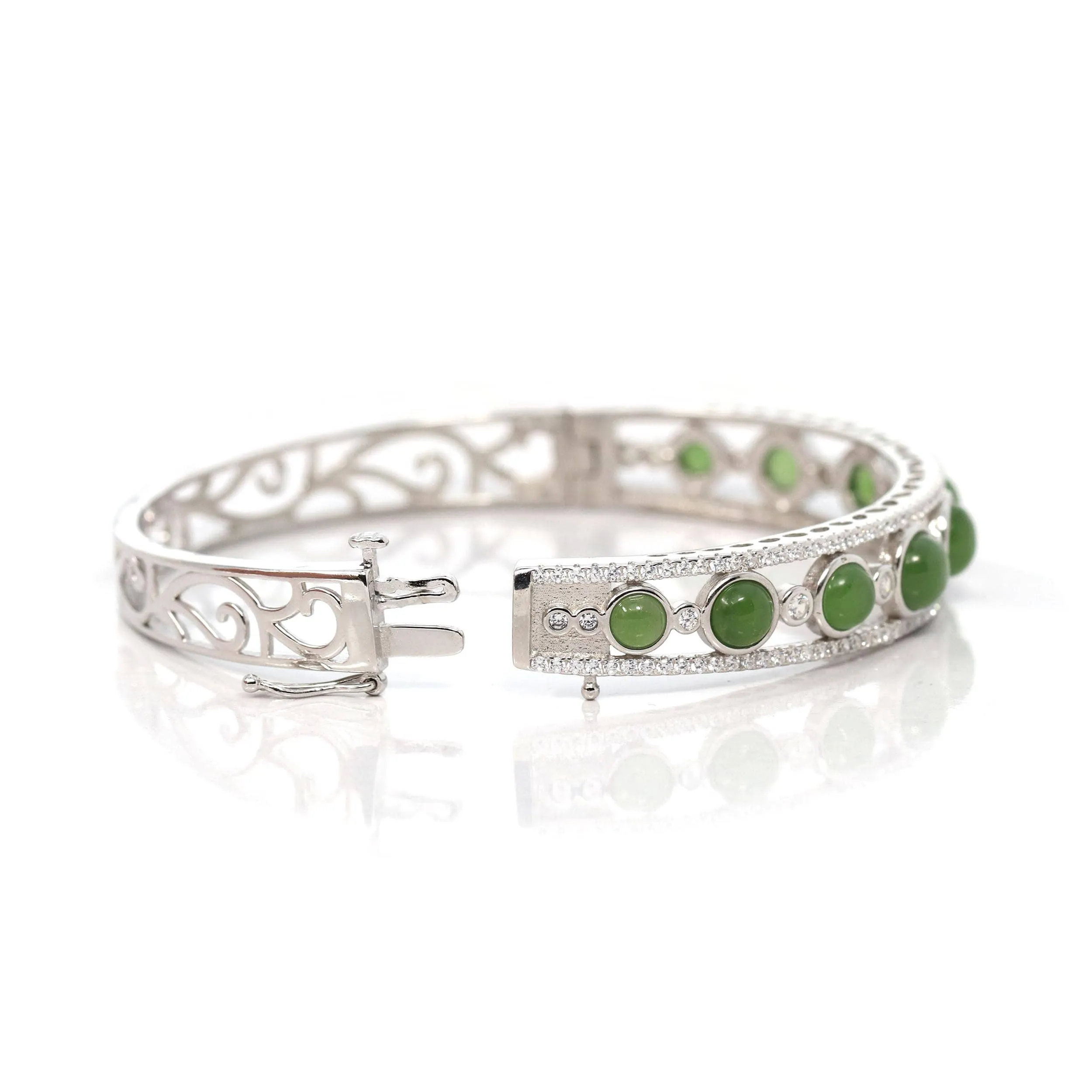 Baikalla "Art deco" Sterling Silver Round Nephrite Jade Hinge Bracelet With Fashion Zircon Accents