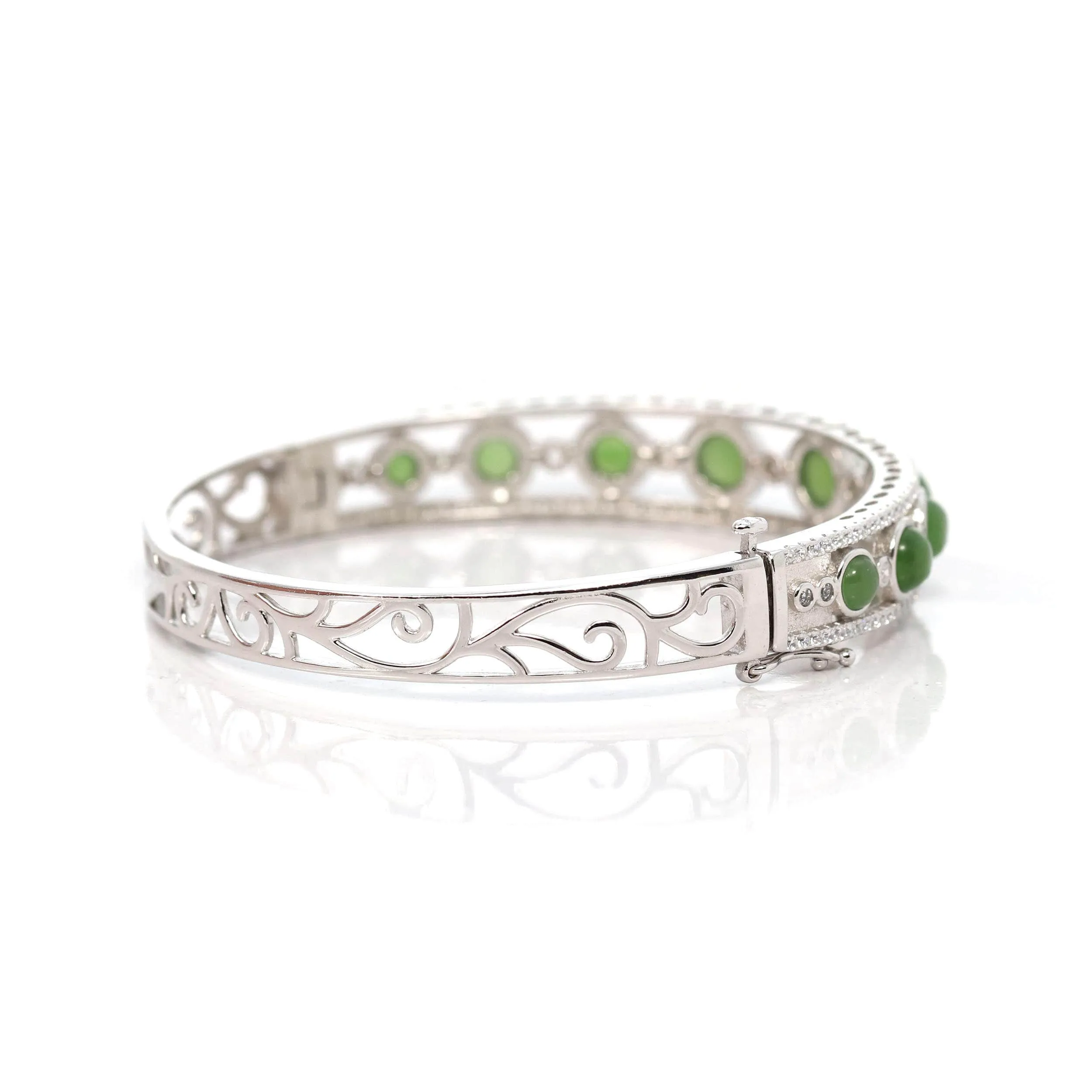 Baikalla "Art deco" Sterling Silver Round Nephrite Jade Hinge Bracelet With Fashion Zircon Accents