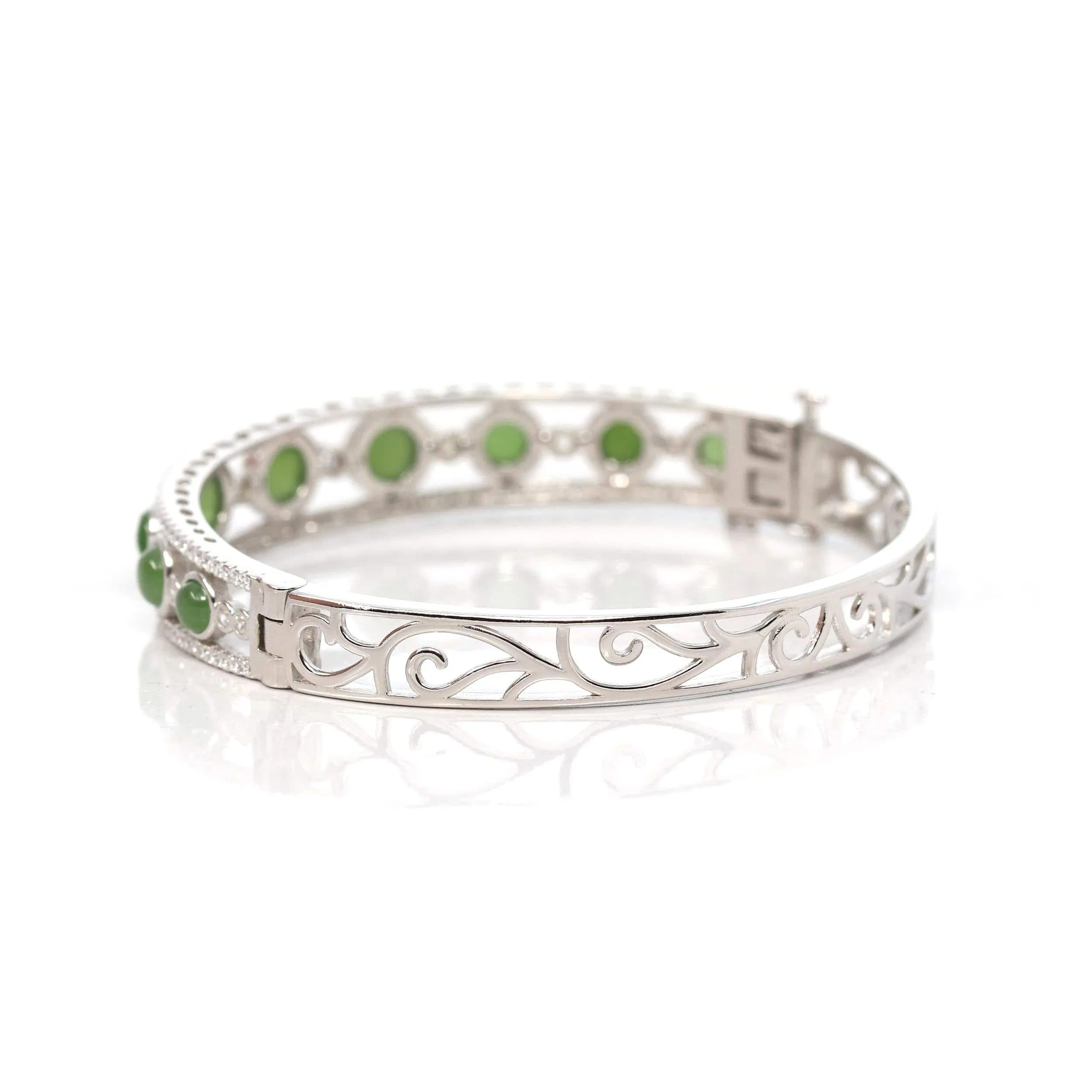 Baikalla "Art deco" Sterling Silver Round Nephrite Jade Hinge Bracelet With Fashion Zircon Accents