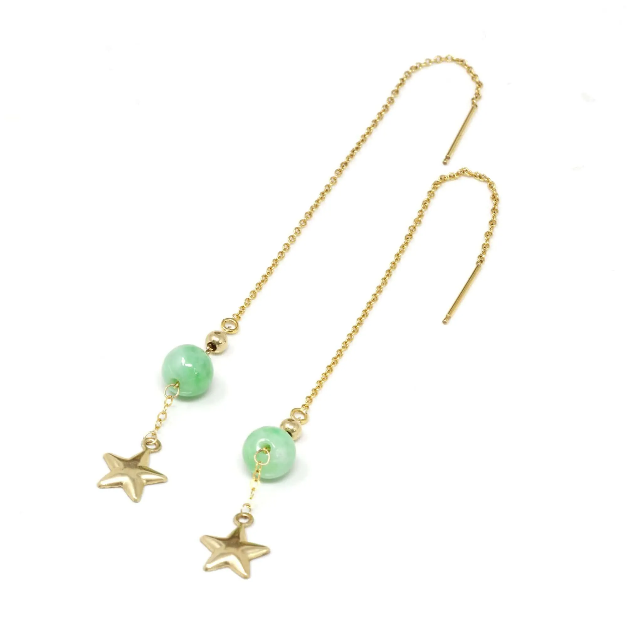 Baikalla™ "You are the brightest star to me" 14K Royal Yellow Gold Genuine Jade Jadeite Beads and Gold Star Longer Earrings