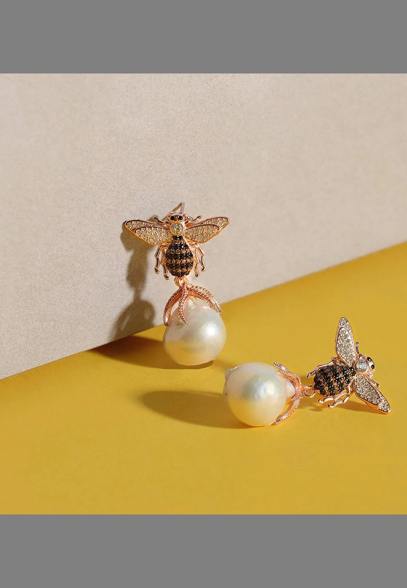 Baroque Pearl Honey Bee Drop Earrings Silver