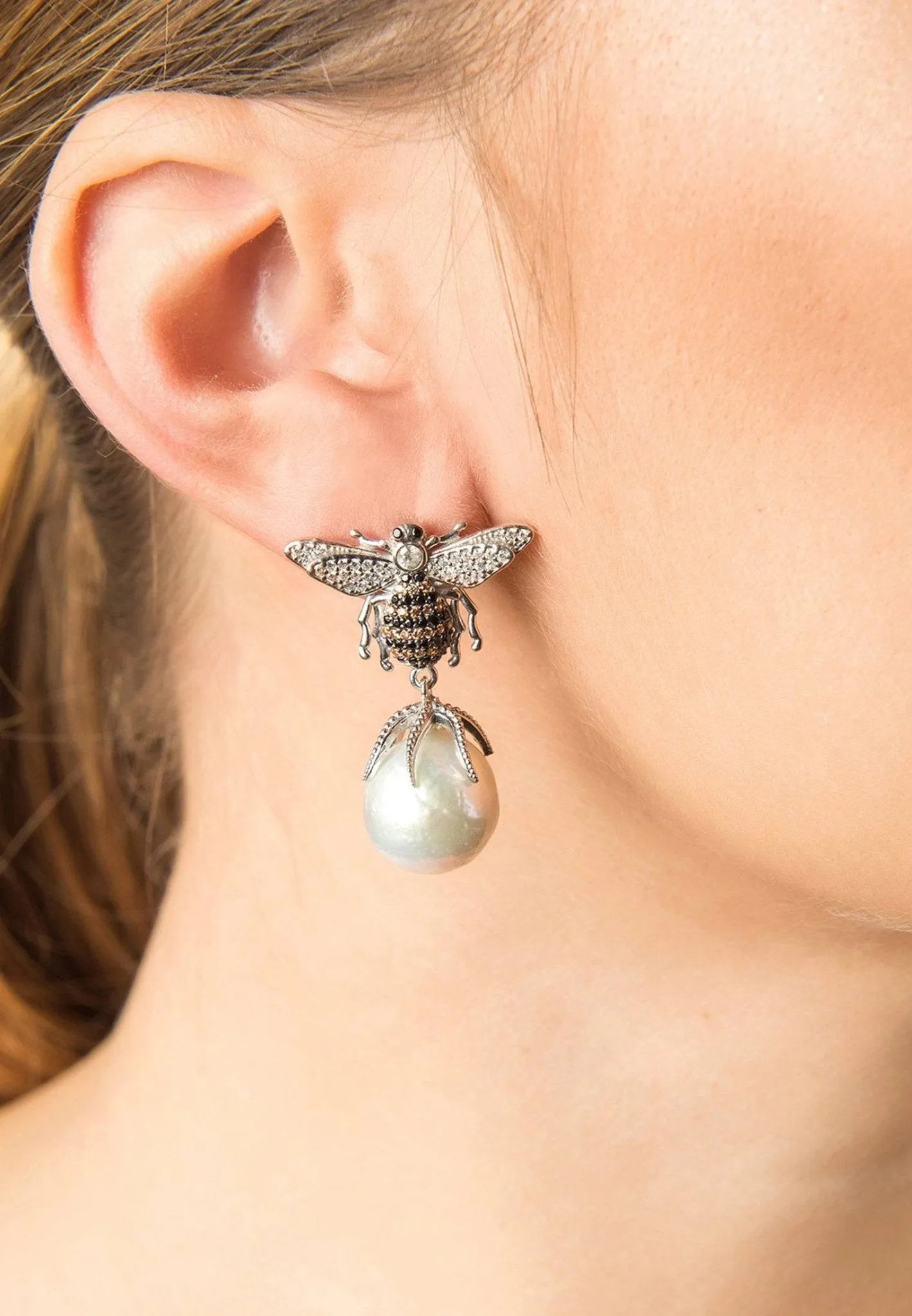 Baroque Pearl Honey Bee Drop Earrings Silver