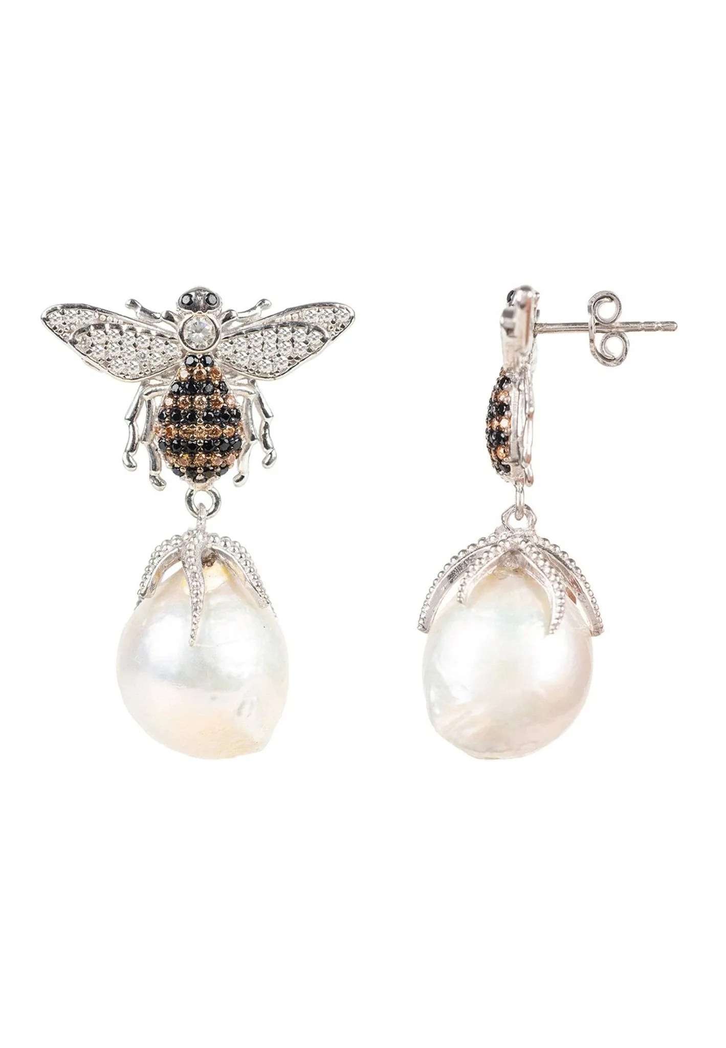 Baroque Pearl Honey Bee Drop Earrings Silver