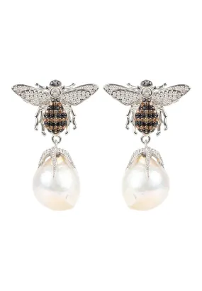 Baroque Pearl Honey Bee Drop Earrings Silver