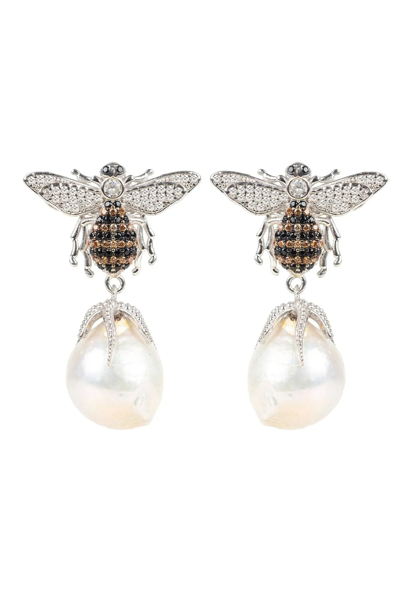 Baroque Pearl Honey Bee Drop Earrings Silver