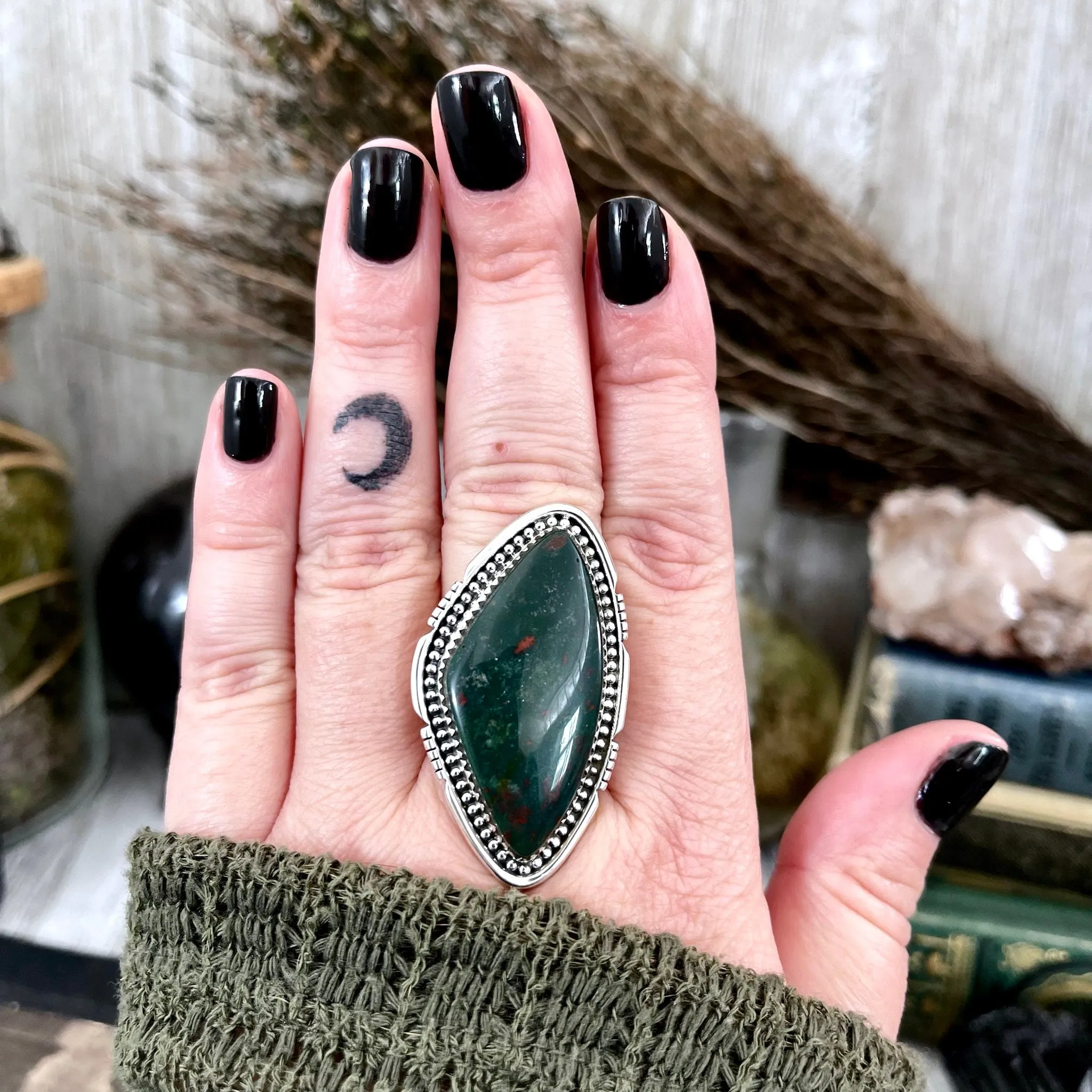 Big Bloodstone Crystal Statement Ring in Sterling Silver - Designed by FOXLARK Collection Adjustable to Size 6 7 8 9 | Green Stone