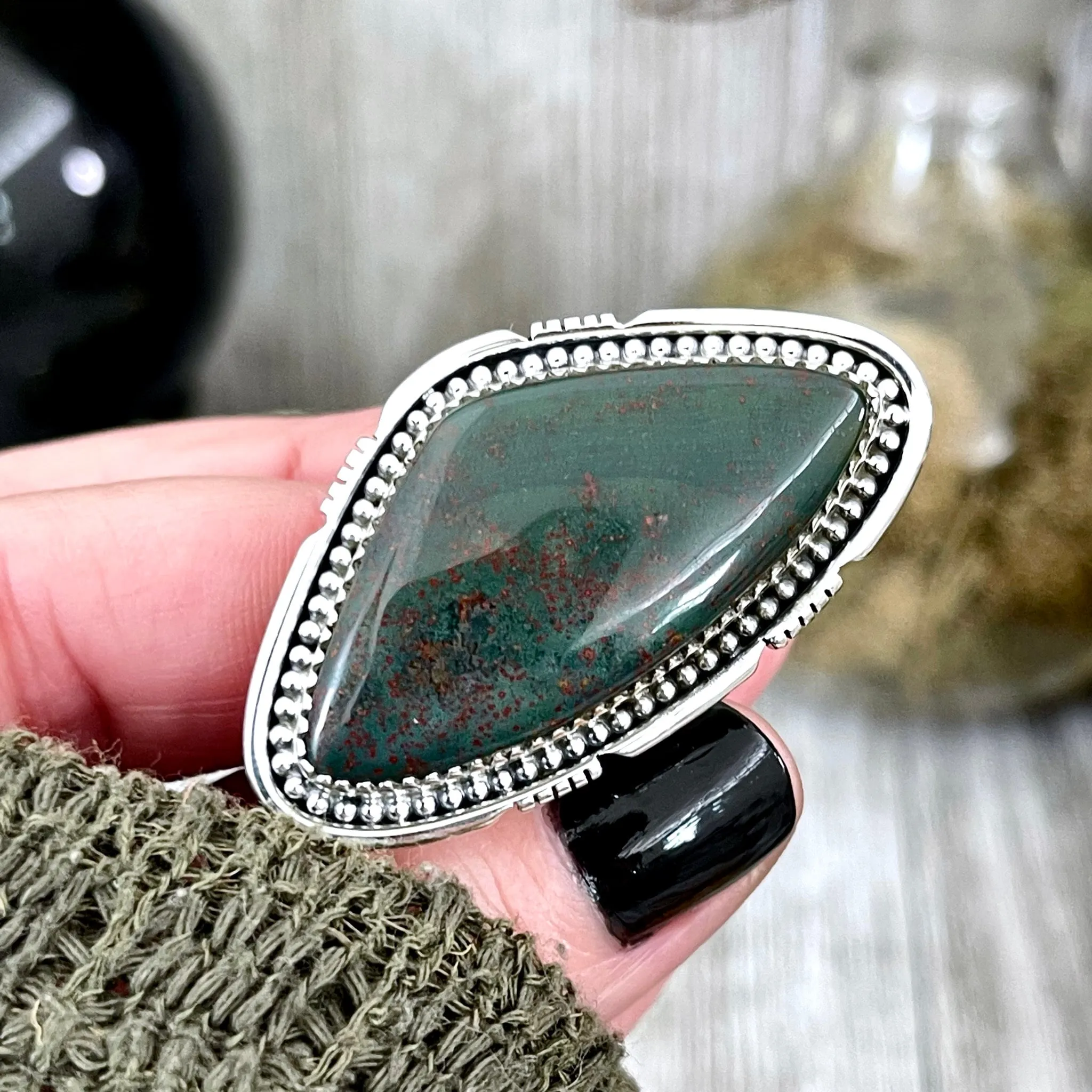 Big Bloodstone Crystal Statement Ring in Sterling Silver - Designed by FOXLARK Collection Adjustable to Size 6 7 8 9 | Green Stone