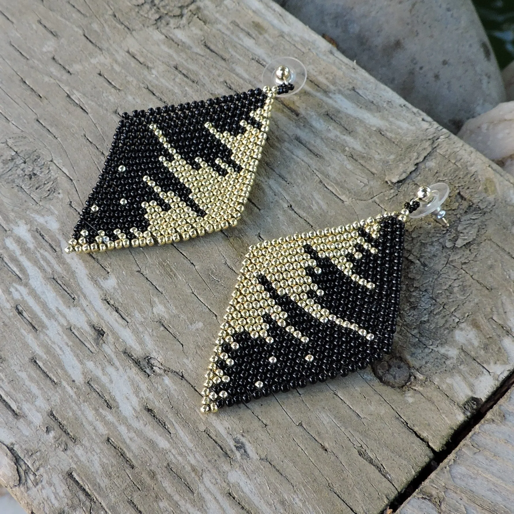 Black and Gold Geometric Seed Bead Dangle Earrings