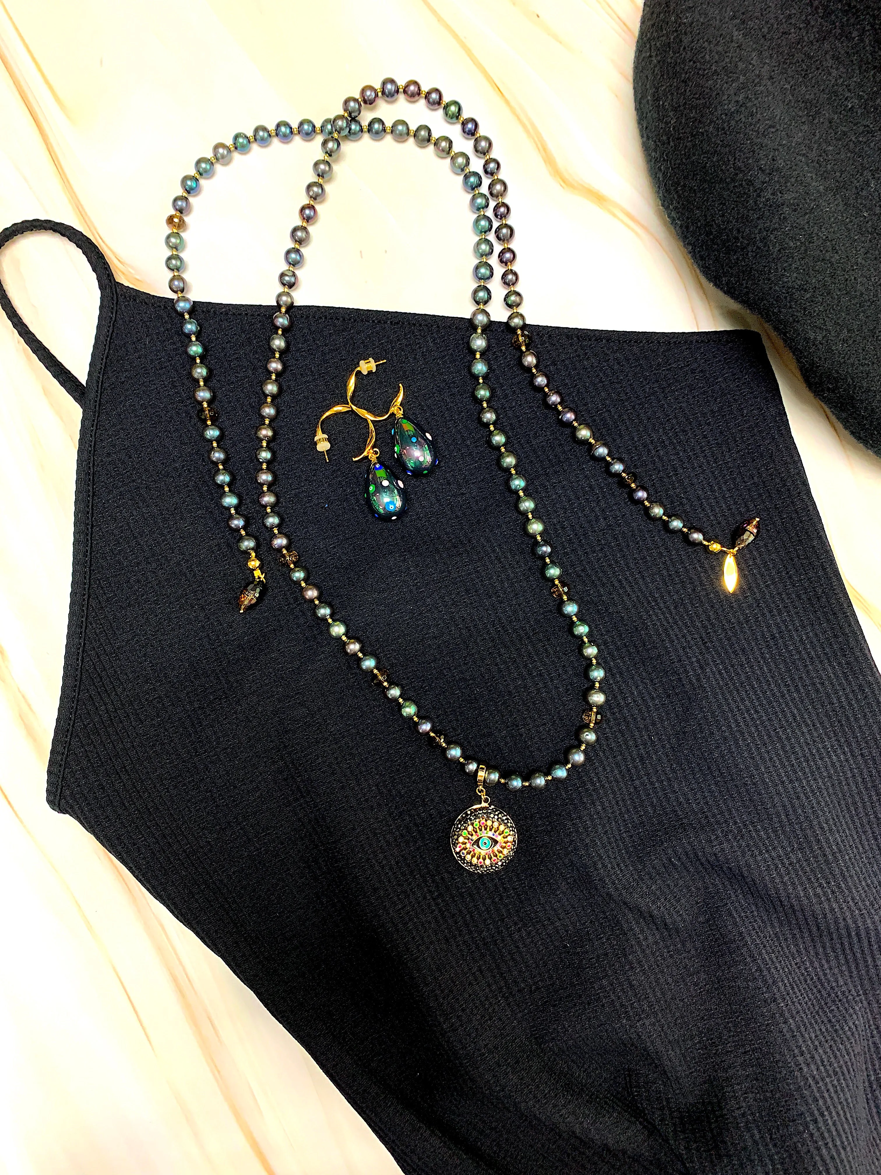 Black Pearls With Evil Eye Dangle Open Ended Necklace FN019