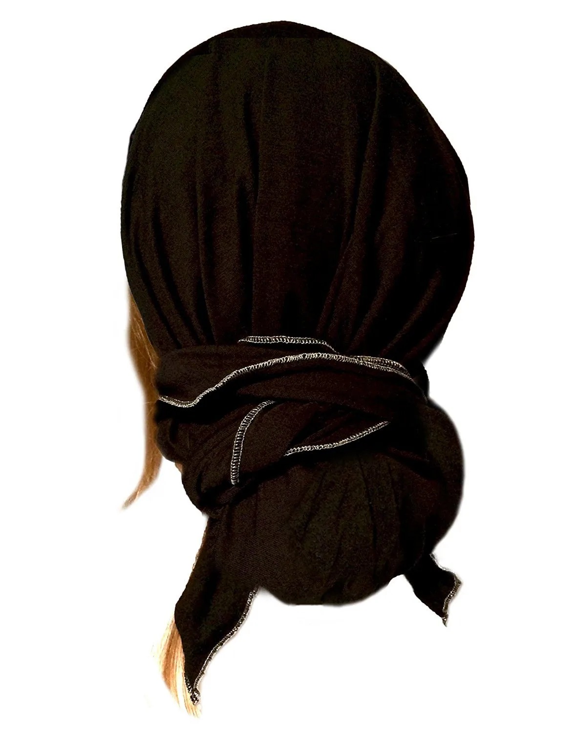 Black Silver Pre-tied Head-scarf Tichel Cotton Boho Chic Stunning Metallic Detail! (Black silver long - 347)