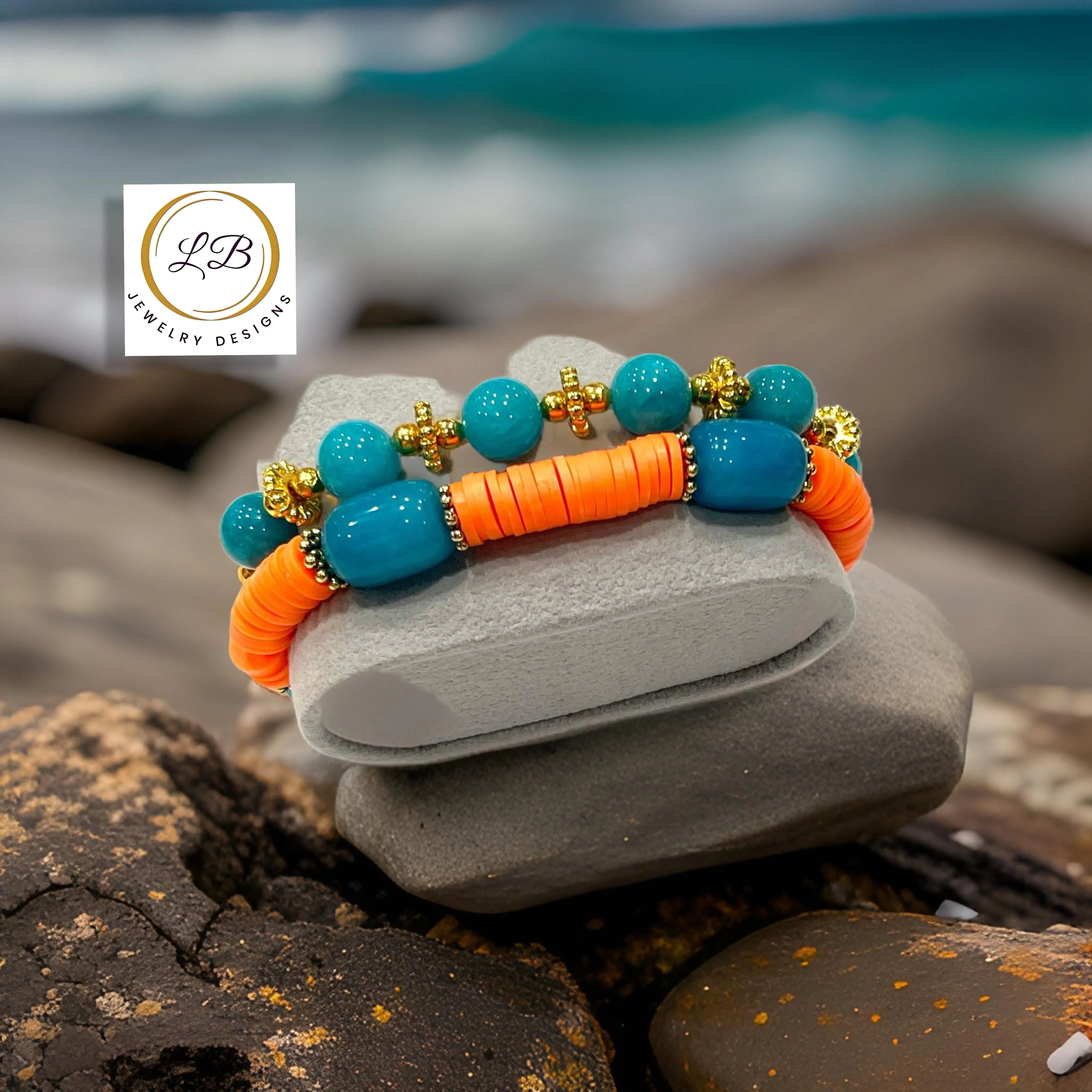 Blue Amazonite Gemstones and Orange Heishi Beaded Bracelet Stack