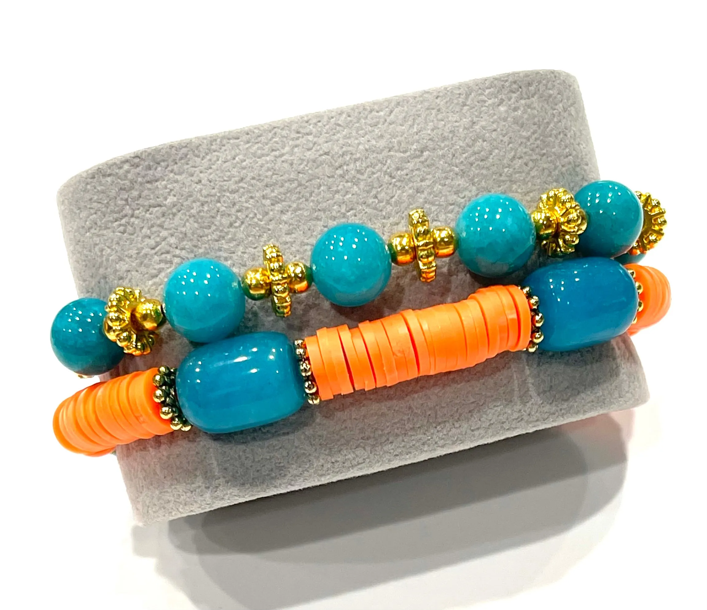 Blue Amazonite Gemstones and Orange Heishi Beaded Bracelet Stack