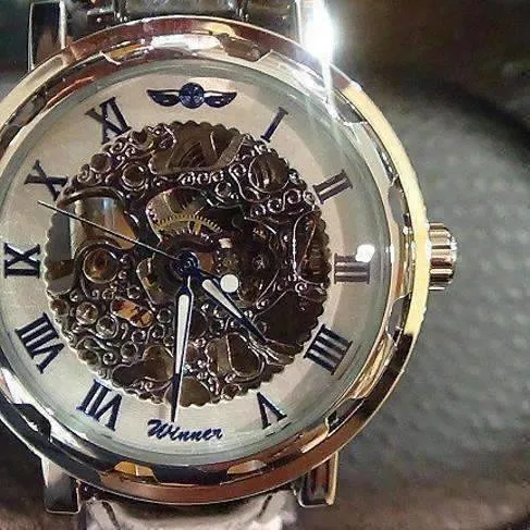 Blue Classic Skeleton Hand Wind Mechanical Watch Black Leather Strap For Men