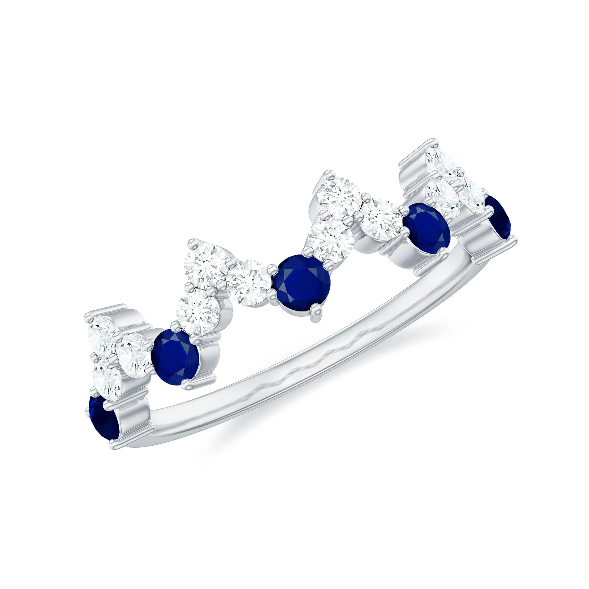 Blue Sapphire and Diamond Half Eternity Zigzag Ring