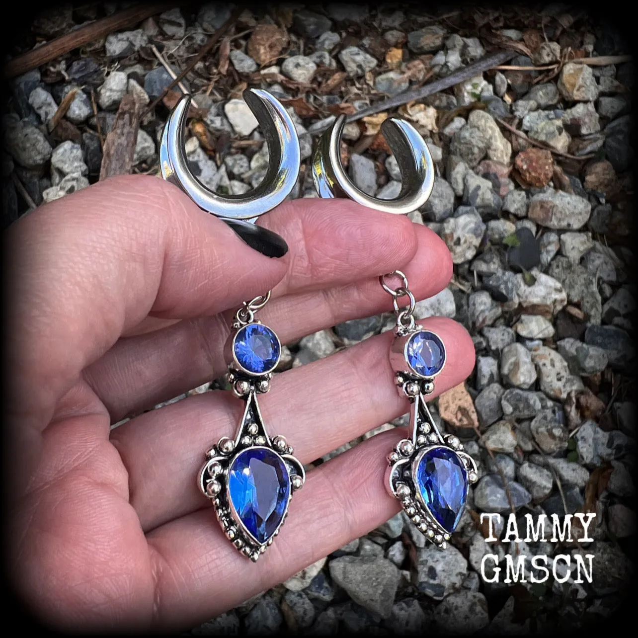 Blue topaz gauged earrings-Gemstone ear hangers