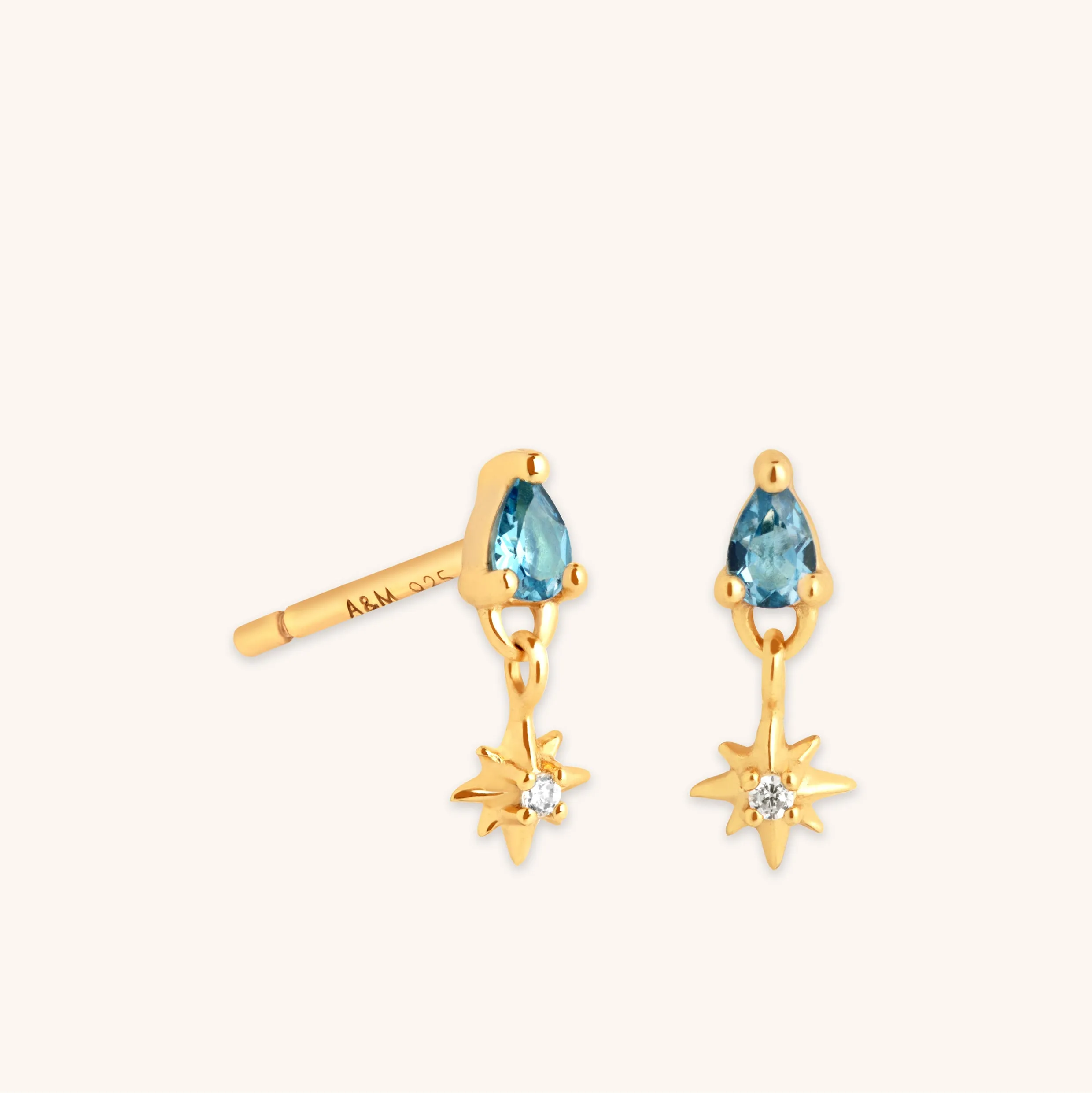 Blue Topaz Star Charm Studs in Gold