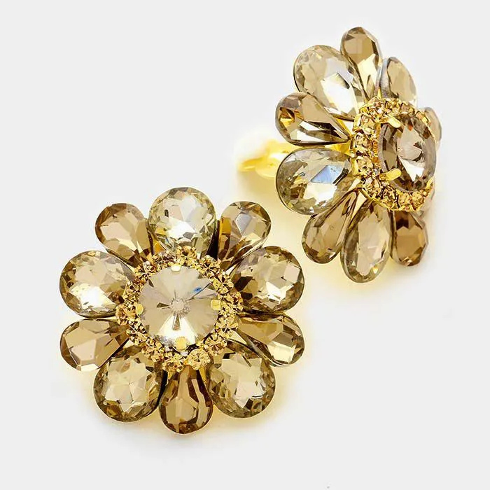 Brown Flower Crystal Clip On Earrings