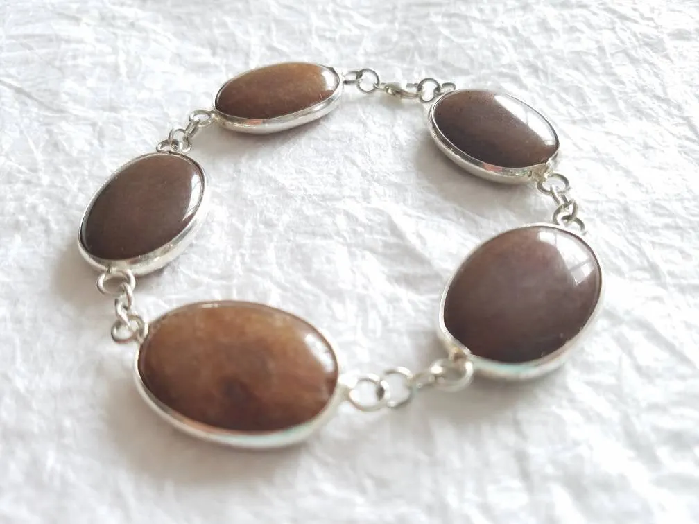 Brown Smooth Jade Modular LargeOval Sterling Silver Bezel Link Bracelet, The Chocolate Orchid Bracelet