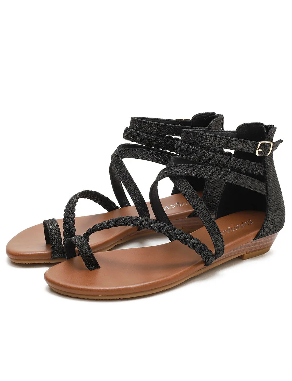 Brown Toe Ring Weave Strap Sandals For Women