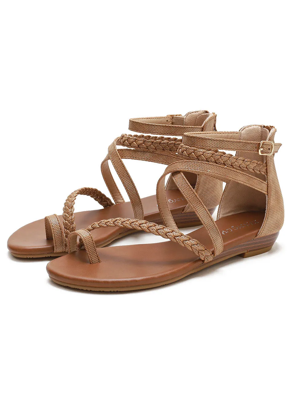 Brown Toe Ring Weave Strap Sandals For Women