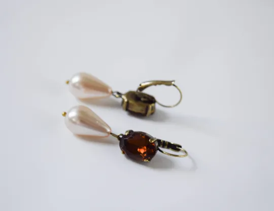 Brown Topaz Crystal and Pearl Earring