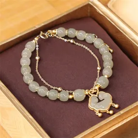 Buddha Stones 14K Gold Plated Natural Hetian Jade Wish Lock Bell Chain Bracelet