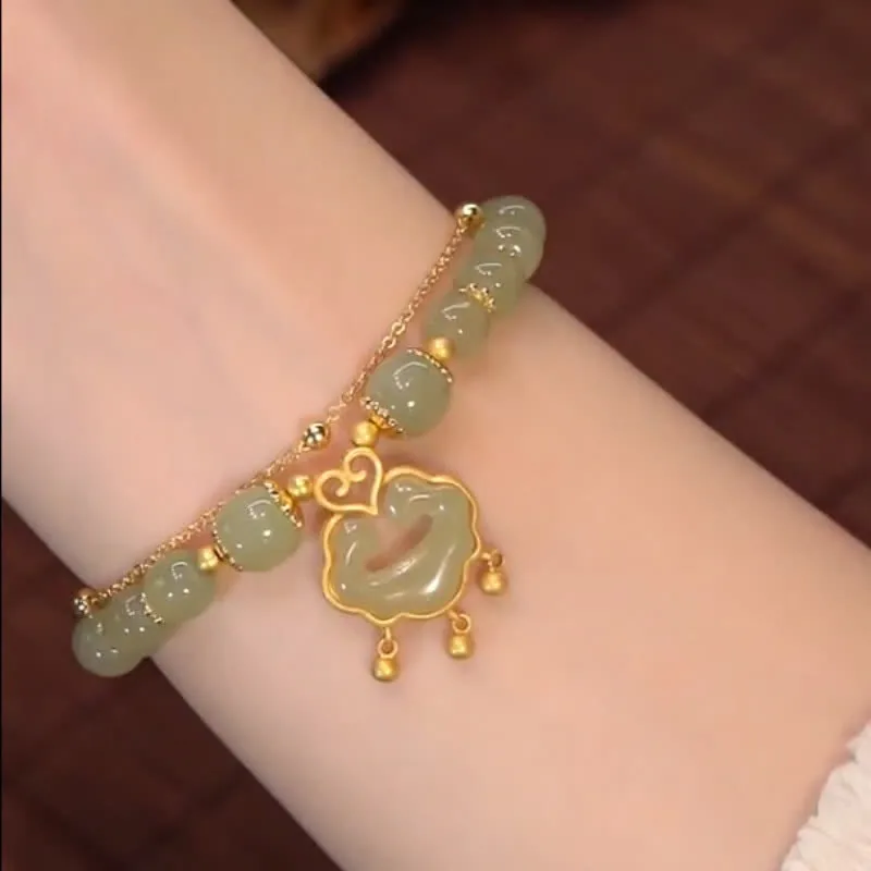 Buddha Stones 14K Gold Plated Natural Hetian Jade Wish Lock Bell Chain Bracelet