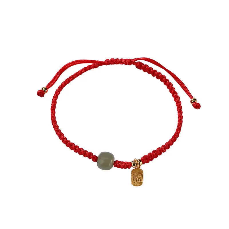 Buddha Stones 925 Sterling Silver Hetian Jade Blessing Wealth Red String Bracelet