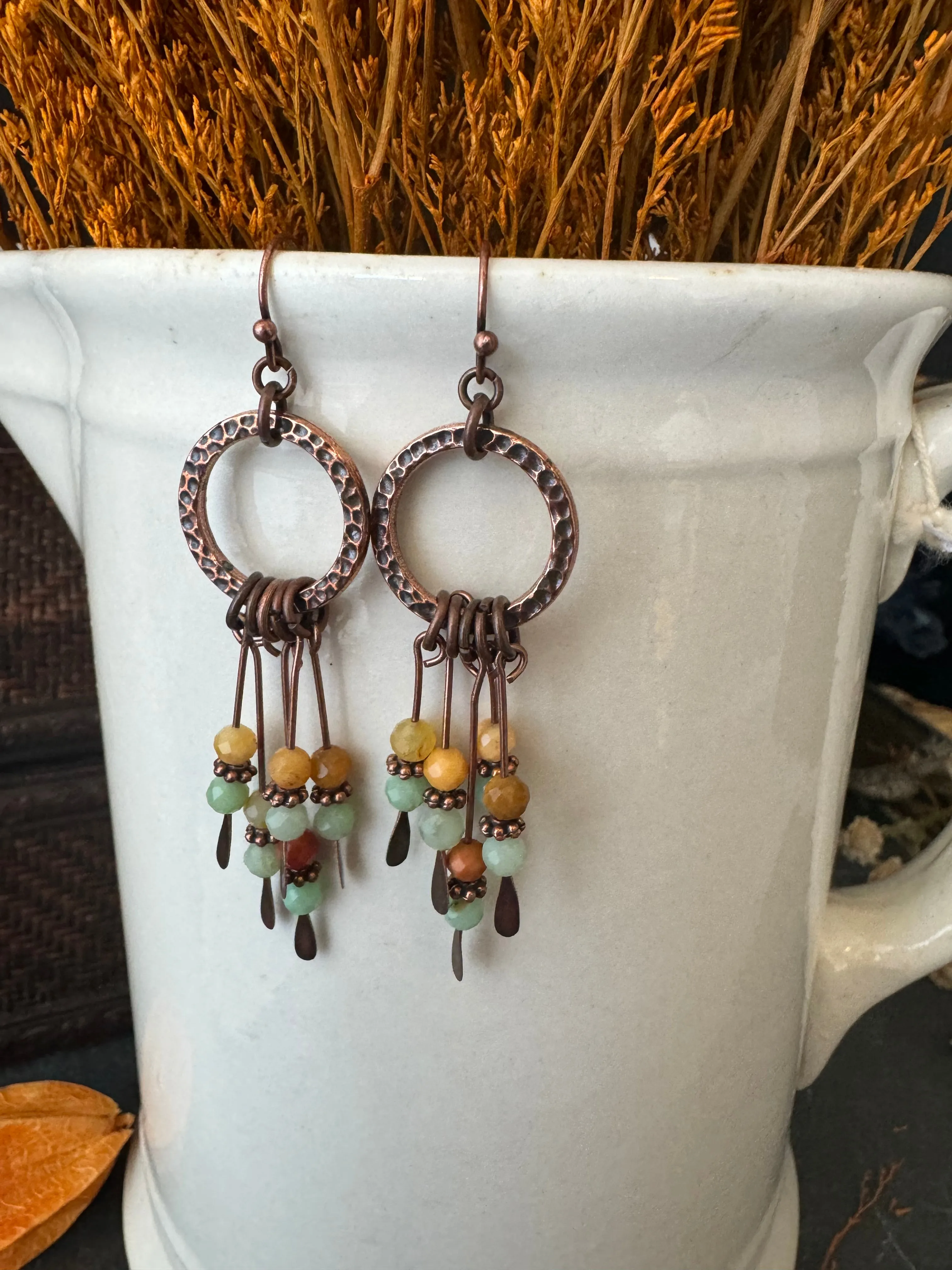 Burma jade, copper wire wrapped, earrings