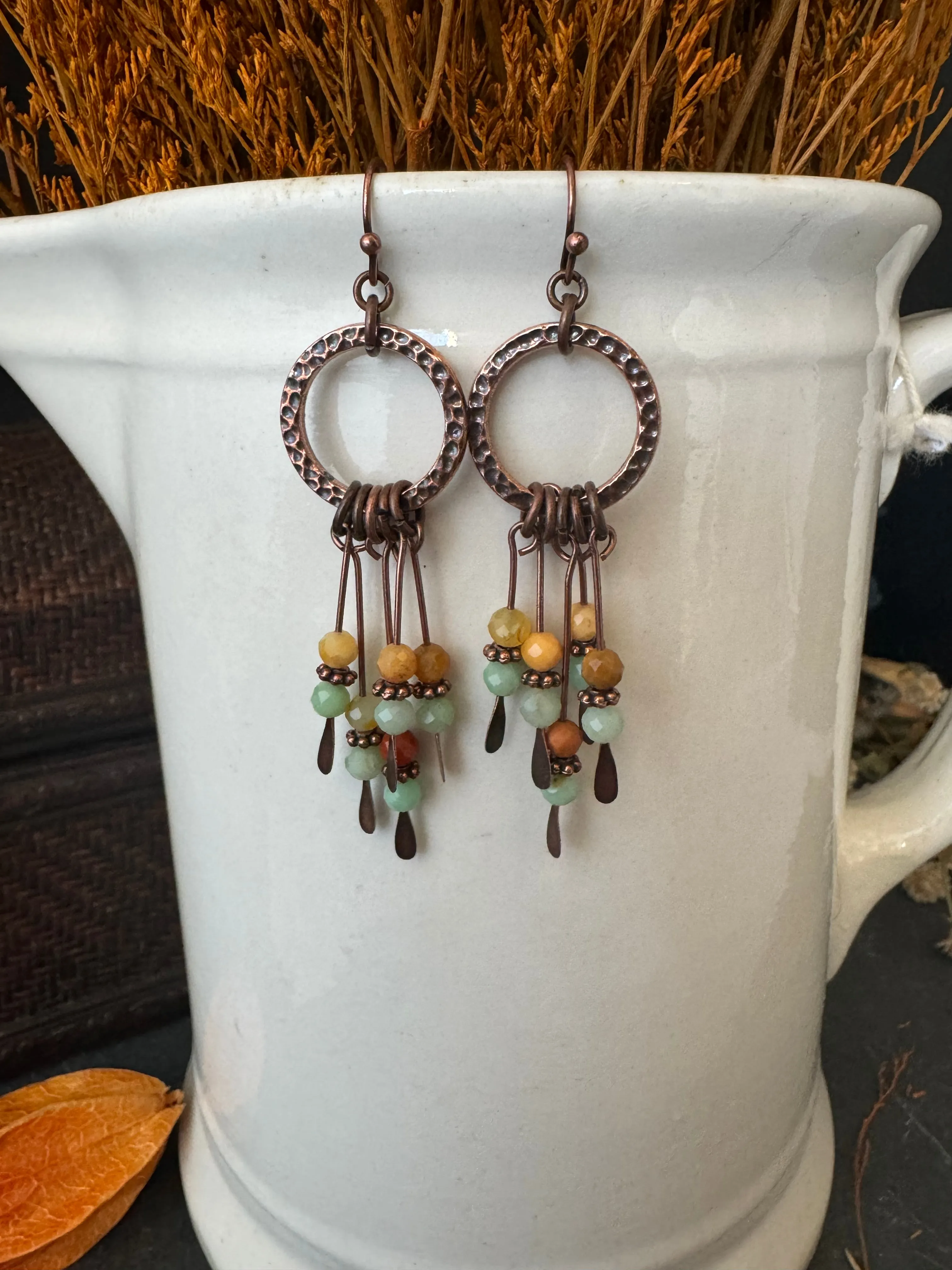 Burma jade, copper wire wrapped, earrings