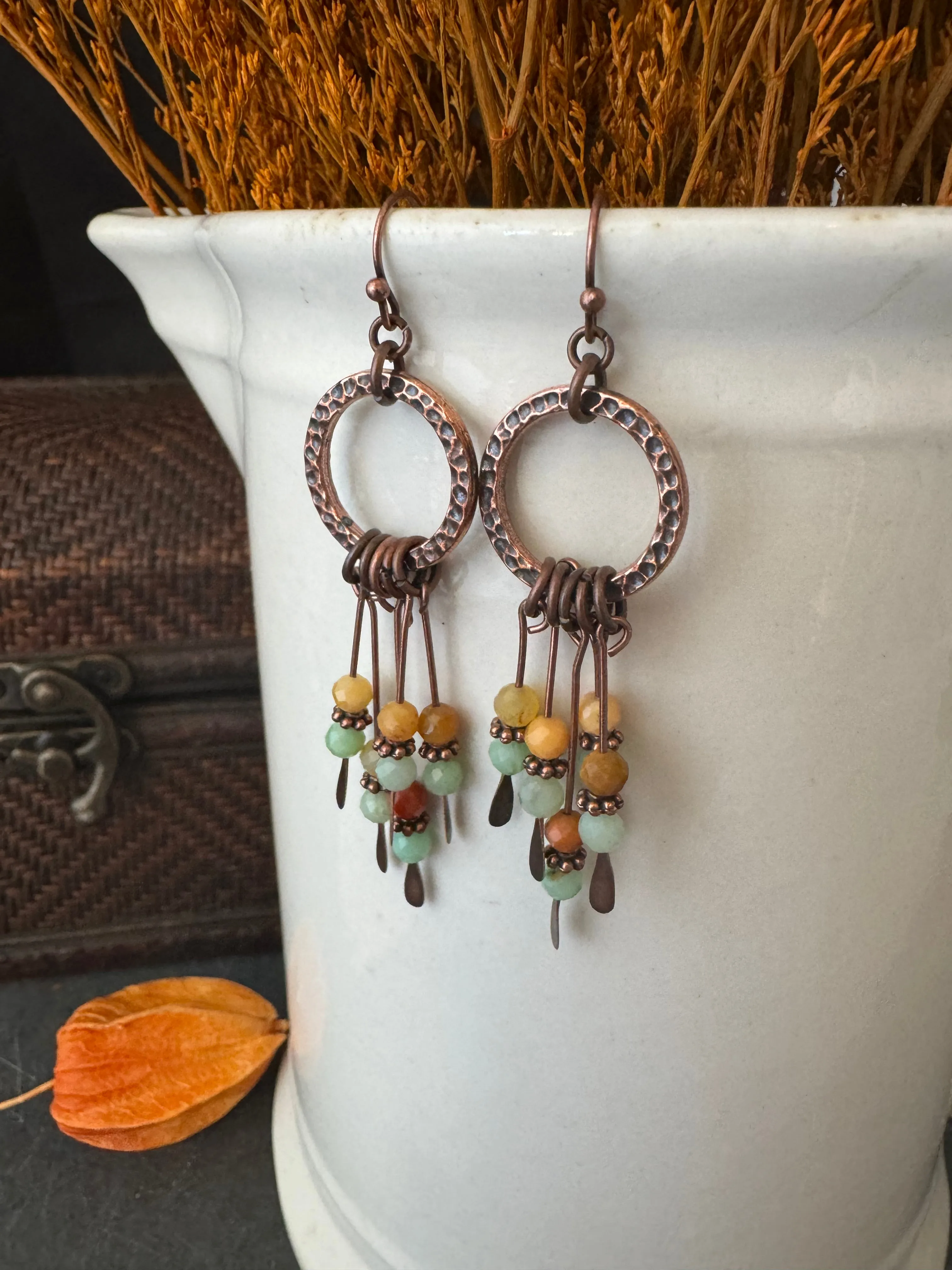 Burma jade, copper wire wrapped, earrings