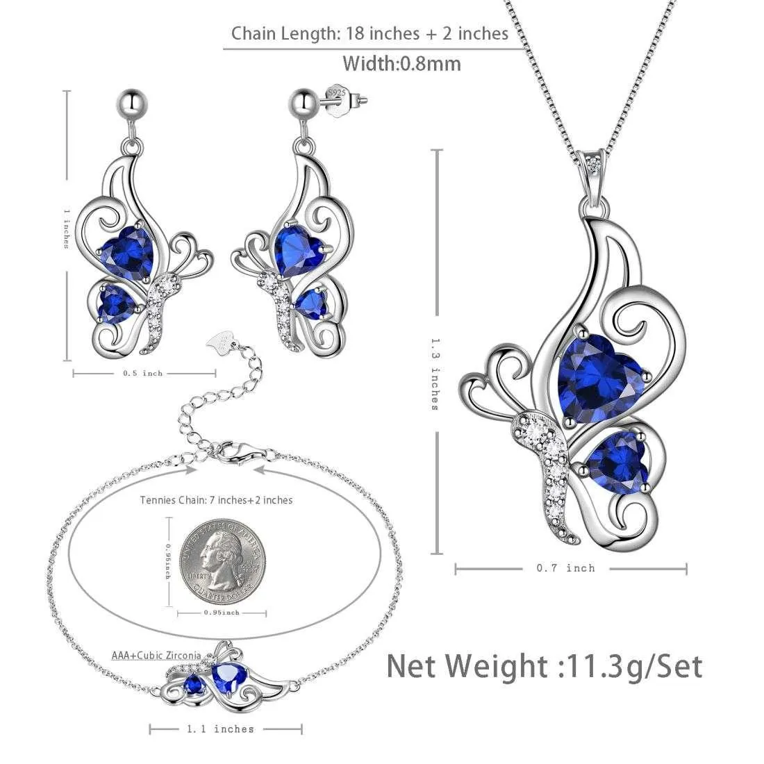 Butterfly Birthstone September Sapphire Jewelry Set 4PCS Women Girls Birthday Gift