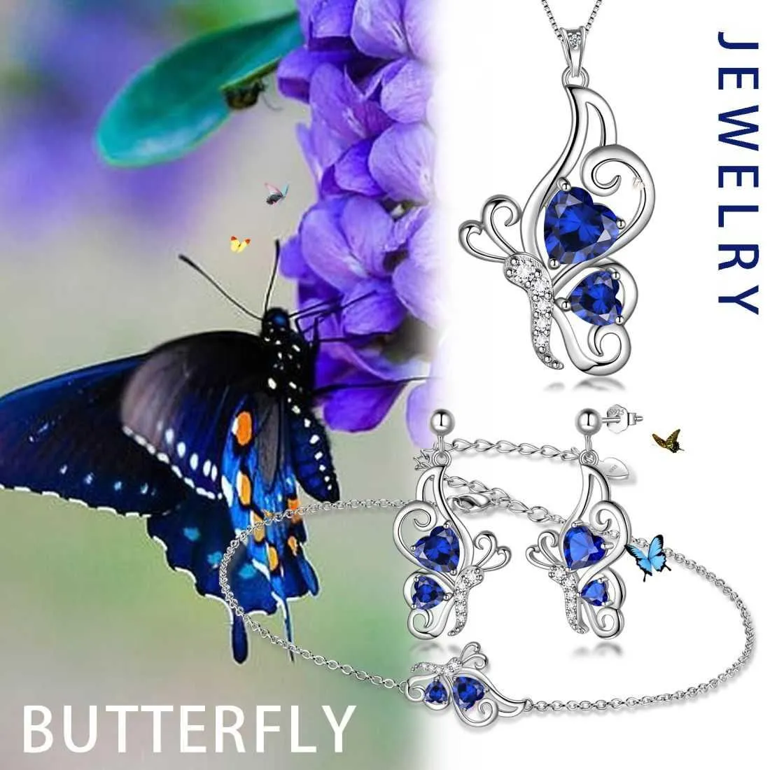 Butterfly Birthstone September Sapphire Jewelry Set 4PCS Women Girls Birthday Gift