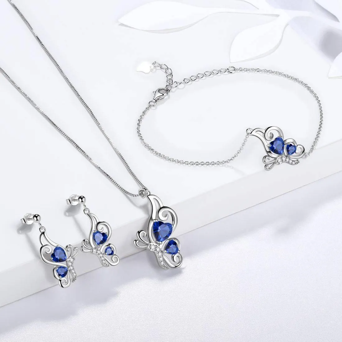 Butterfly Birthstone September Sapphire Jewelry Set 4PCS Women Girls Birthday Gift