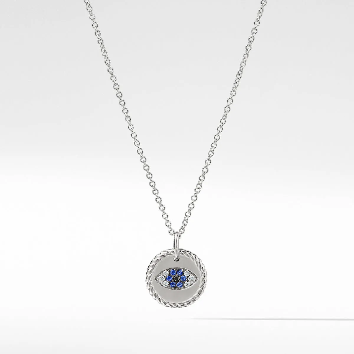 Cable Collectibles Evil Eye Necklace with Diamonds and Light Blue Sapphires in 18K White Gold