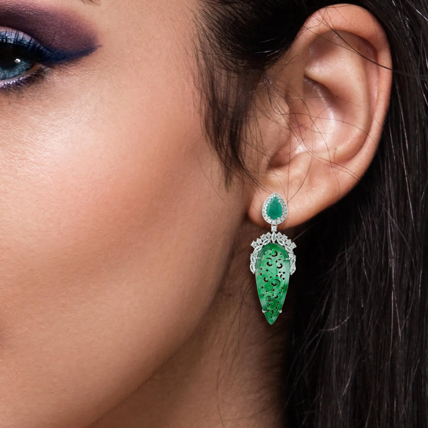 Carved Jade Pear Emerald Marquise Sapphire Pave Diamond Danglers In 18k White Gold