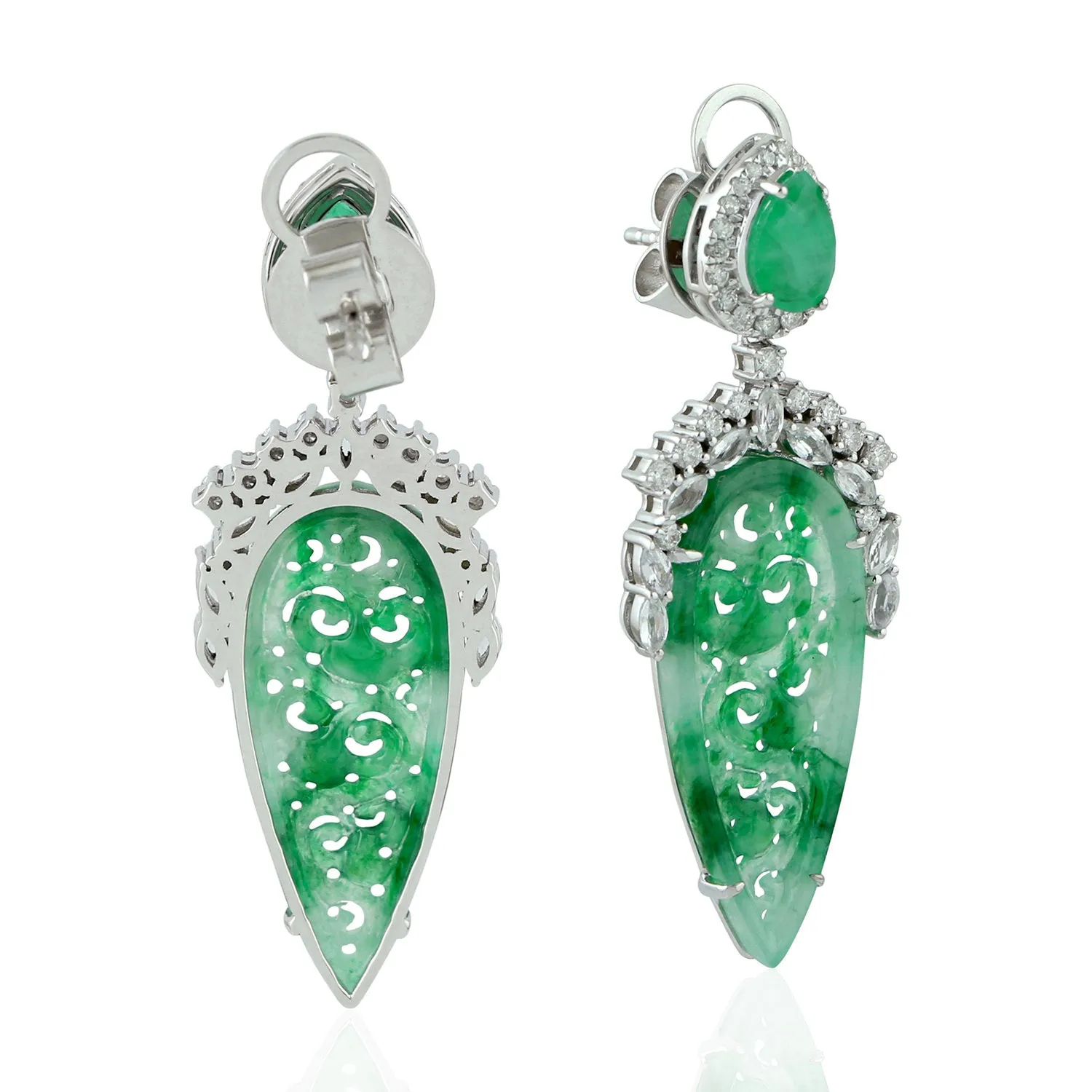 Carved Jade Pear Emerald Marquise Sapphire Pave Diamond Danglers In 18k White Gold