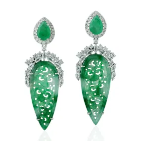 Carved Jade Pear Emerald Marquise Sapphire Pave Diamond Danglers In 18k White Gold