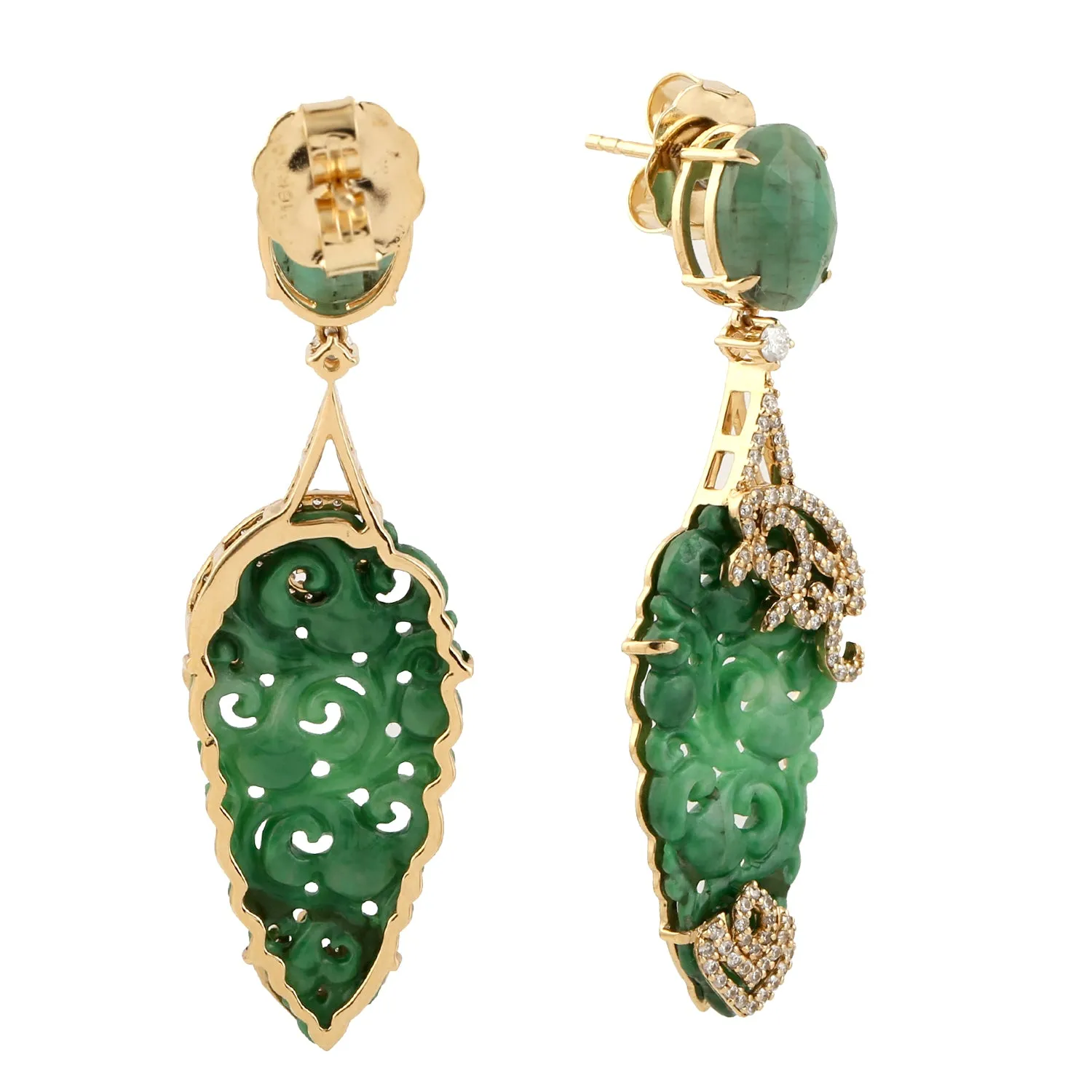 Carving Jade Oval Cut Emerald Pave Diamond Handmade Dangles In 18k Yellow Gold