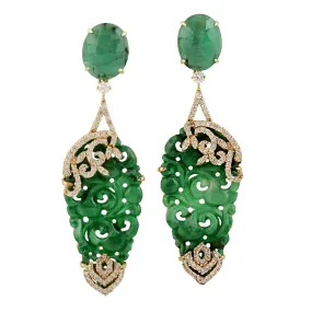 Carving Jade Oval Cut Emerald Pave Diamond Handmade Dangles In 18k Yellow Gold