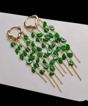 Casual Green Sterling Silver 14K Gold Jade Tassel Drop Earrings KX1003