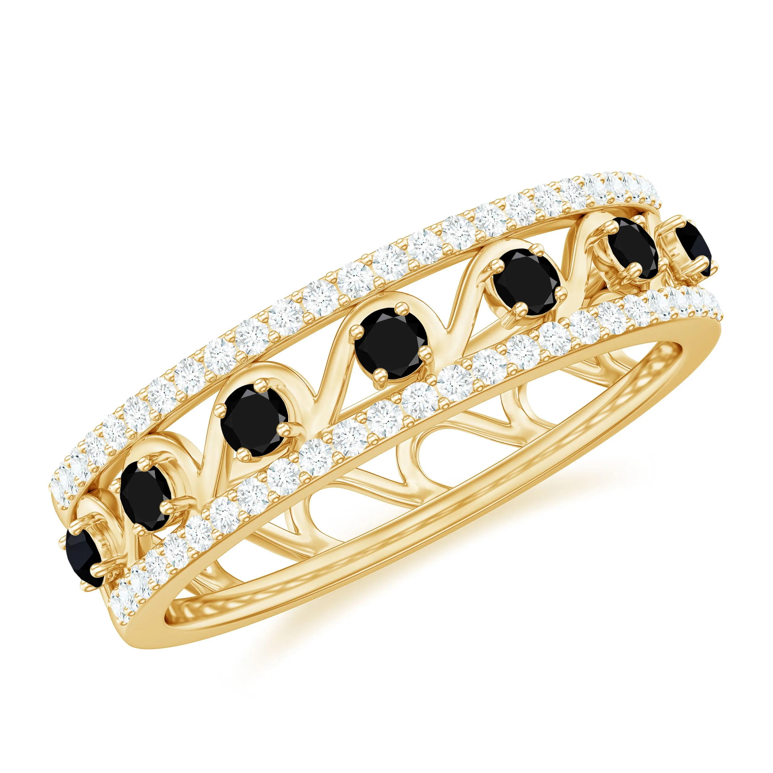 Certified Black Spinel Half Eternity Band Ring with Diamond